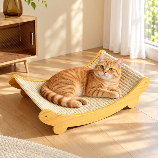 Wood & Sisal Cat Scratching Lounger — shown in use