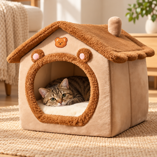 Cozy Cottage Pet Bed — shown in use