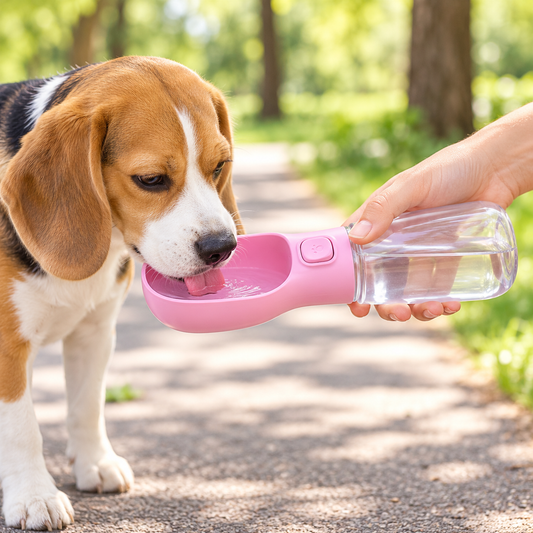 One-Button Dog Water Bottle — shown in use