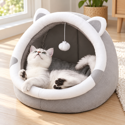 Cat-Ear Cozy Cave Bed — shown in use