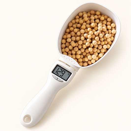 White digital pet food measuring spoon on a clean ivory background